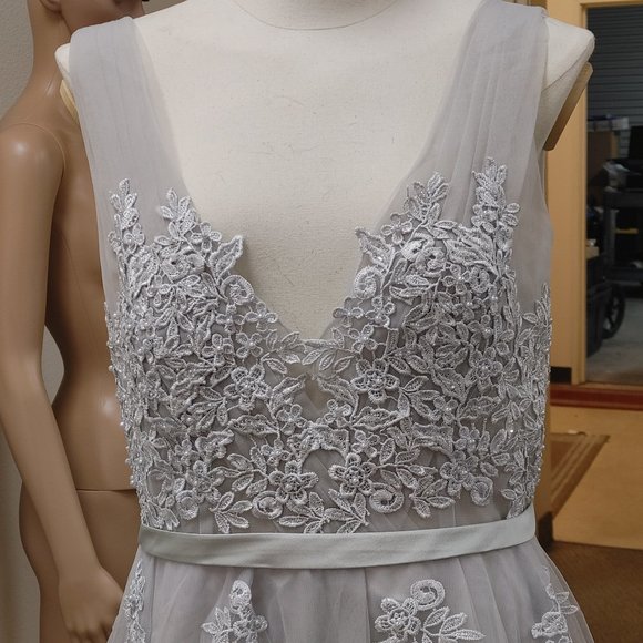 PROM/WEDDING LIGHT GRAY TULLE WITH FLORAL APPLIQUES BY BABYONLINE D.R.E.S.S. - Picture 2 of 13